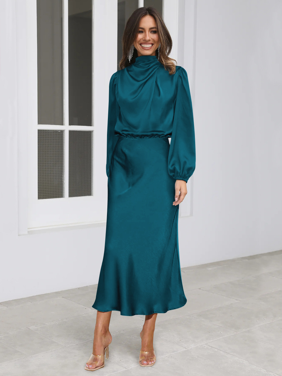 Elegant Temperament Long-sleeved Dress Satin Halterneck Formal Evening Dresses Women Clothing - Image 4