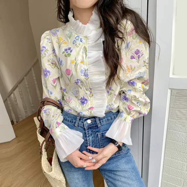 French Romantic Turtleneck Patchwork Ruffled Color Printing Design Flare Sleeve Shirt Color - Shop at LoveMi