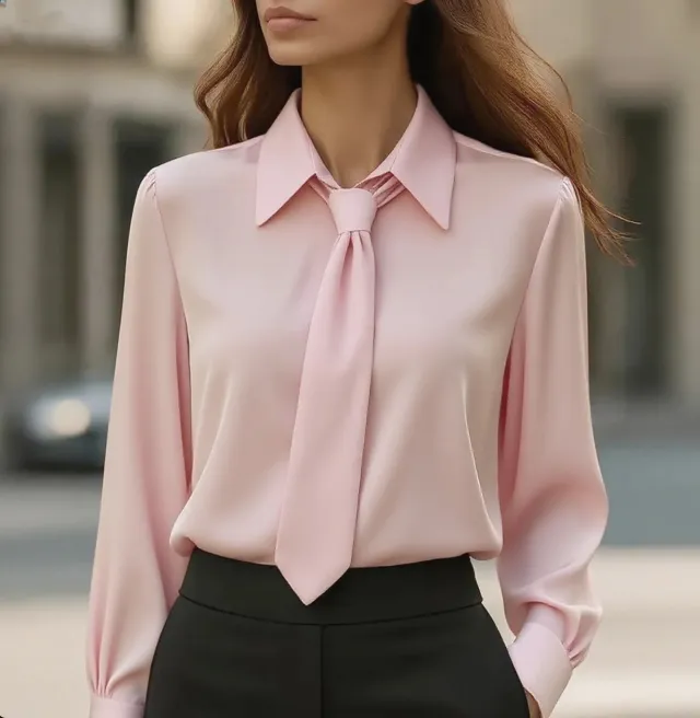 Solid Color Casual Tie Long Sleeve French Shirt Women's Shirt Pink - Shop at LoveMi
