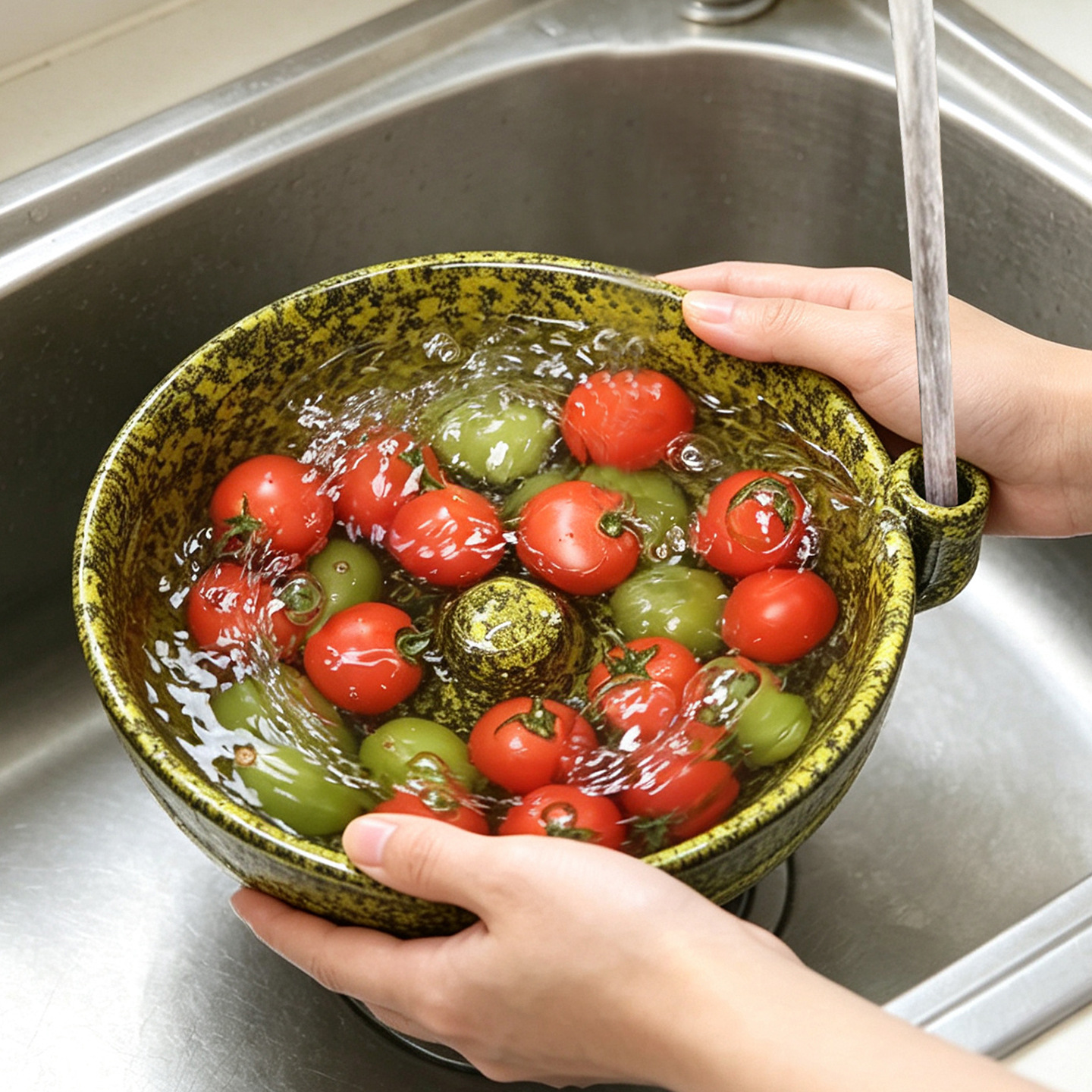 Bazin de scurgere creativ din ceramică, cu model spiralat în formă de fructe de pădure, realizat prin tehnica de ardere în cuptor