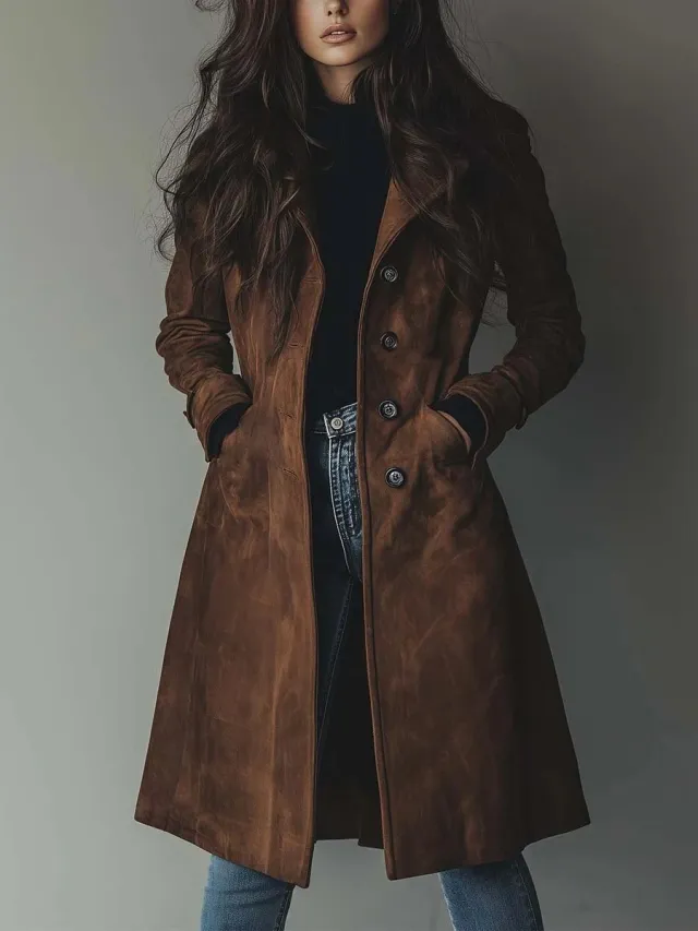 Womens Western Style Long Trench Coat For Fall And Winter Brown - Shop at LoveMi