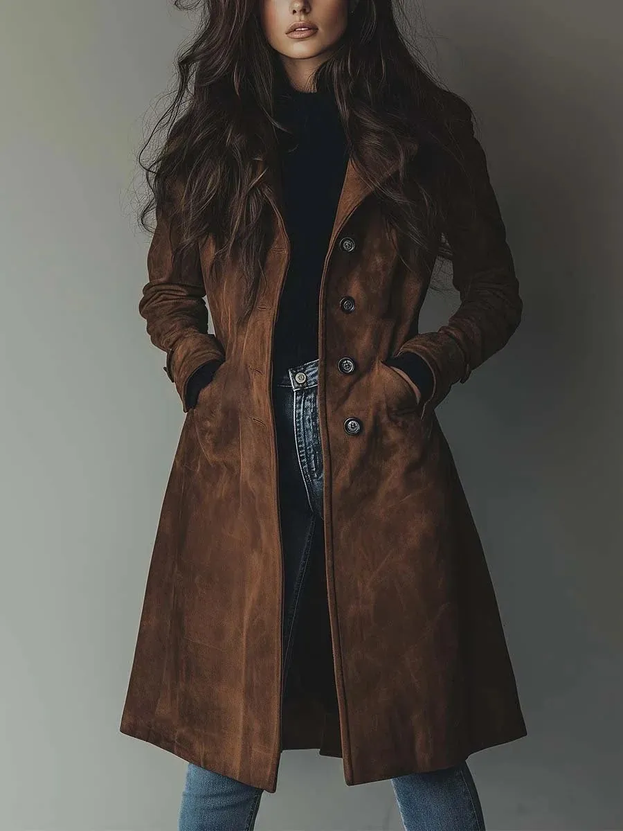 Womens Western Style Long Trench Coat For Fall And Winter - Brown