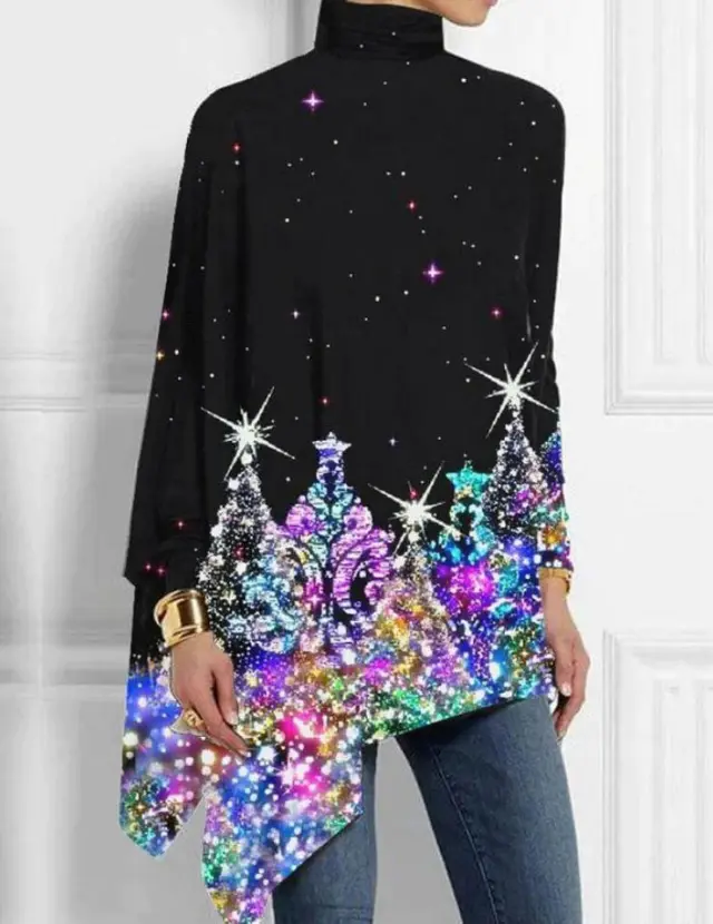Fashion High Collar Loose And Irregular Digital Printed Long sleeved Top Purple - Shop at LoveMi