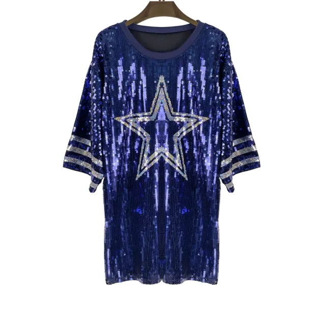 Women's Pearl Embroidery Mid length Loose Top Blue - Shop at LoveMi
