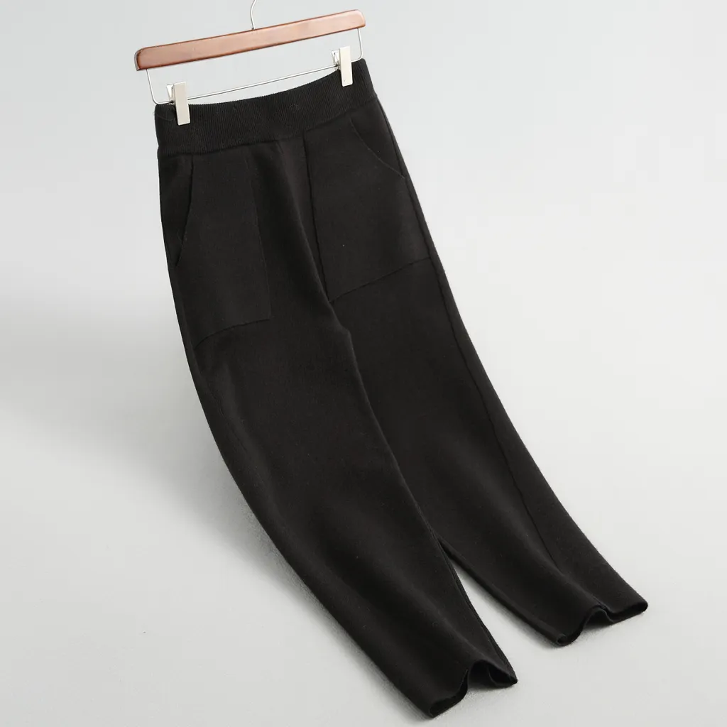 Slimming Knitted Casual Long Pants Korean Style - Black