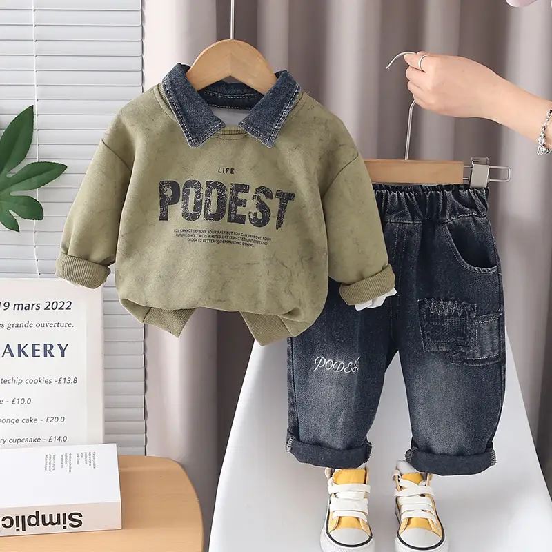 Trendy Denim Collar Casual Two-Piece Set For Boys