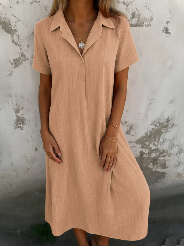 Loose Short Sleeves V neck Solid Color Cotton And Linen Shirt Dress Orange - Shop at LoveMi