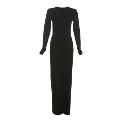 Round-neck High Waist Backless Solid Colour Long Sleeve Dress Women - Black - View 1