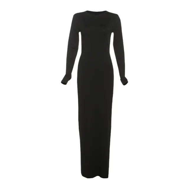 Round neck High Waist Backless Solid Color Long Sleeve Dress Women Black - Shop at LoveMi