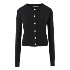 Women's Retro Multi-color Round Neck Long Sleeve Jacket - Black - View 1