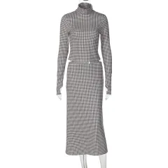 Fashion Plaid Print Long-sleeve Stand Collar Top Slim Fit Versatile Long Skirt Set - Tan - View 1