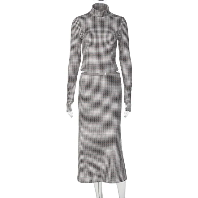 Fashion Plaid Print Long sleeve Stand Collar Top Slim Fit Versatile Long Skirt Set Brown - Shop at LoveMi