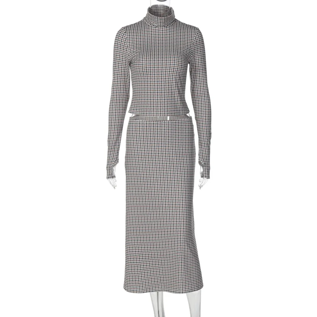 Fashion Plaid Print Long-sleeve Stand Collar Top Slim Fit Versatile Long Skirt Set - Brown