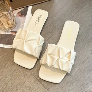 Summer Flat Plus Size Square Toe Slippers - Beige