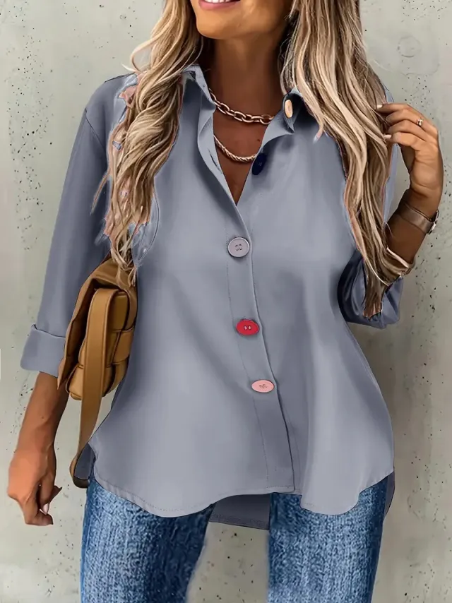 Casual Women's Solid Color Buttons Long Sleeve Shirt Top Gray - Shop at LoveMi