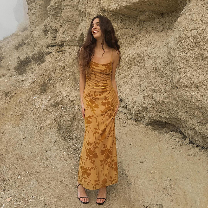 Women's Vintage Backless Slim Strap Floral Dress