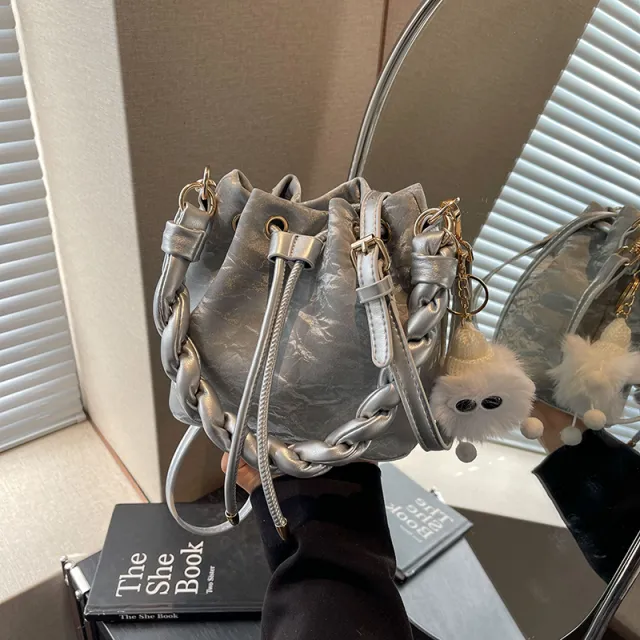 Versatile Bucket Bag Messenger Bag Women's Handbag Silver - Shop at LoveMi