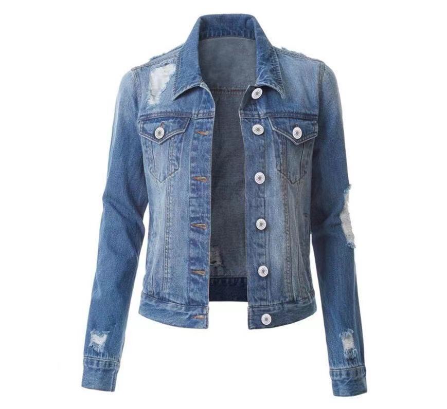 Women's Fashionable Temperament Slim-fit Buttoned Ripped Denim Jacket
