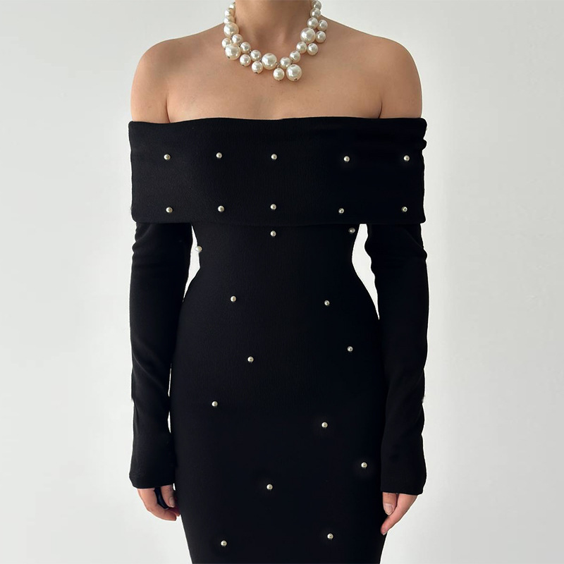 Sexy Beaded Off-shoulder Long Sleeve Dress
