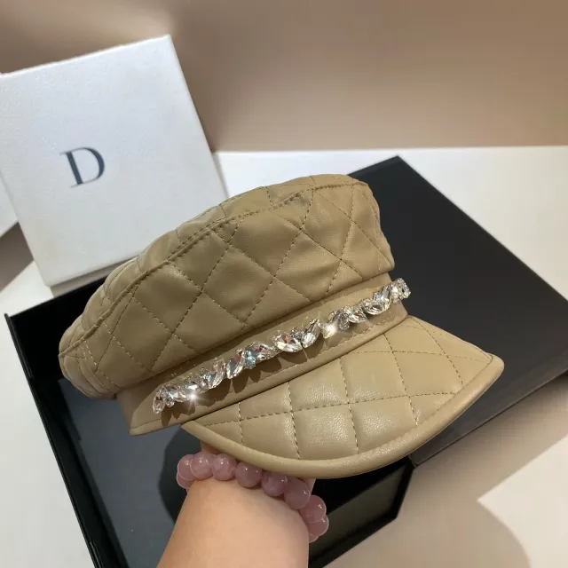 Diamond Plaid PU Navy Hat European And American Beige Drill Chain - Shop at LoveMi