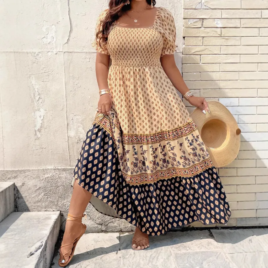 Bohemian Short-sleeve Smocked Dress With Positioning Print - Khaki