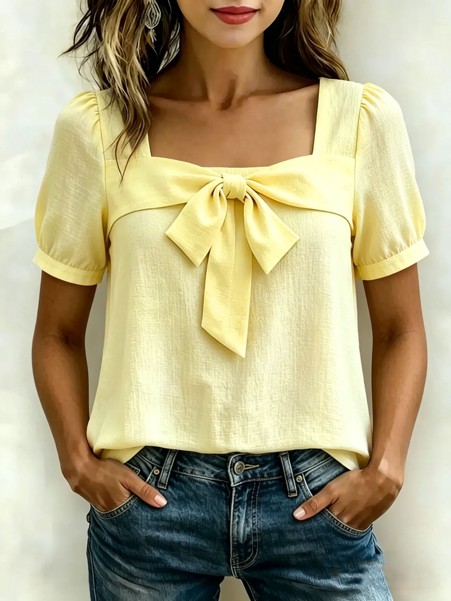 Women's square-neck bow pullover top in Pink – short-sleeve feminine casual top, front view showing bow and square neckline detail