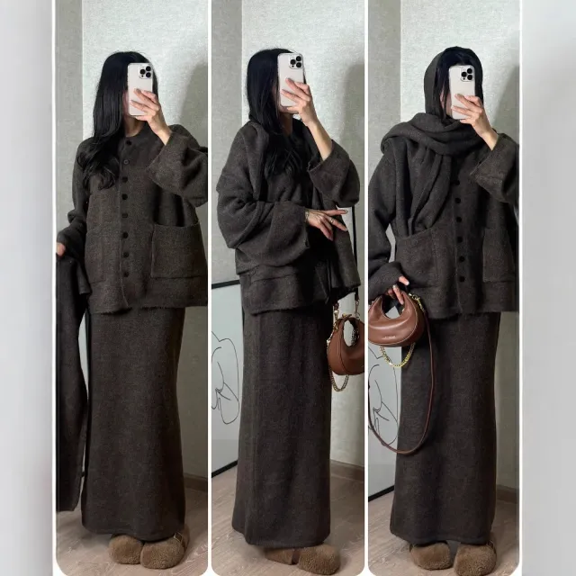 Solid Color Idle Style Knitted Cardigan Skirt Two piece Set Black - Shop at LoveMi