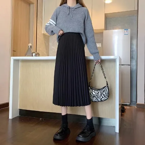 Highwaisted Aline Pleated Wool Midi Skirt For Women - Black