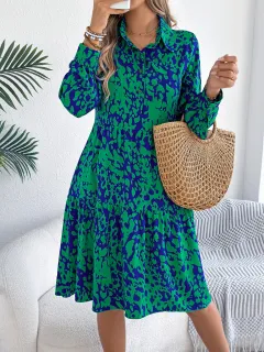 Casual Loose Contrast Colour Leopard-print Long-sleeved Shirt Dress - Green - View 1
