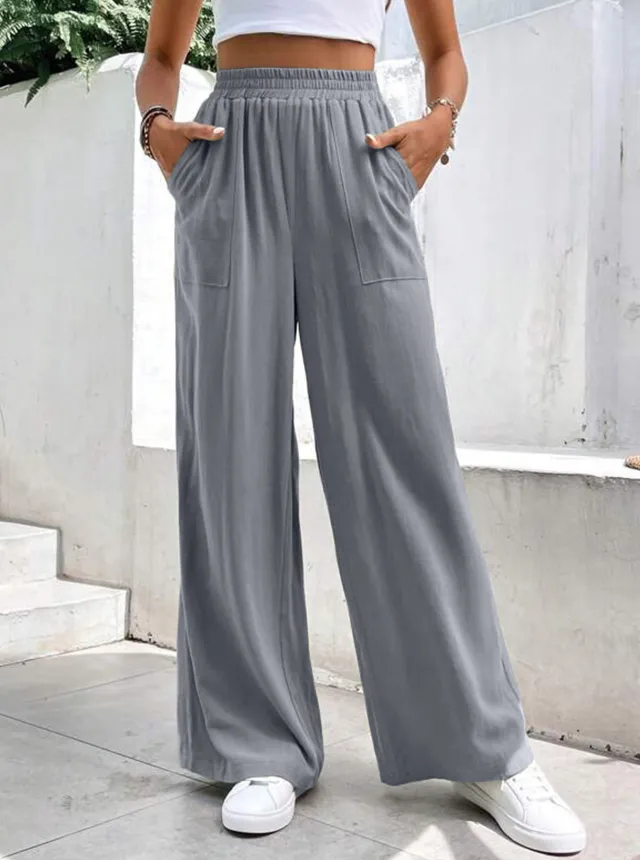 Women Middle waisted Straight leg Pants Loose Sports Pocket Casual Trousers Silver - Shop at LoveMi