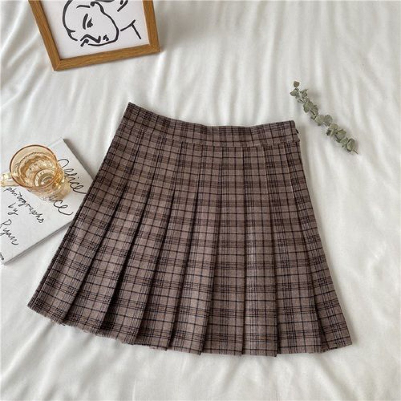 Autumn Winter Retro Coffee Color Plaid High Waist Half length Summer Dress For Women Coffee - Shop at LoveMi
