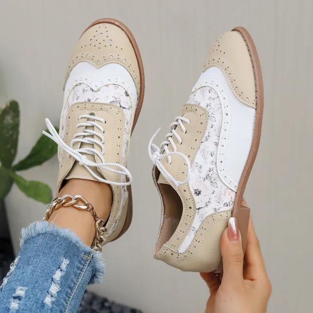 Womens Floral Brocade Pumps In Plus Sizes Color Block Design With Lace Up Round Toe Khaki - Shop at LoveMi