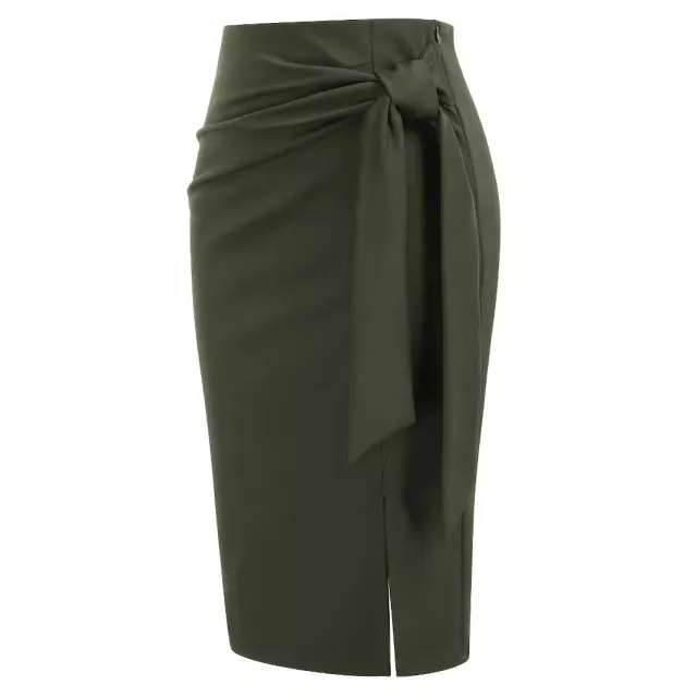 Solid Color High Waist Bow Knee length Slit Skirt Green - Shop at LoveMi