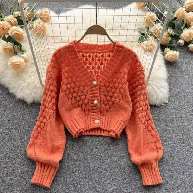 Knitted Cardigan Sweater Coat Women's V neck Design Sense Orange - Shop at LoveMi