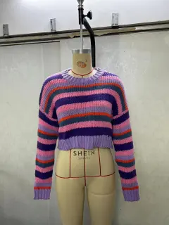 Loose Leisure Short Contrast Colour Striped Sweater Top - Purple - View 1