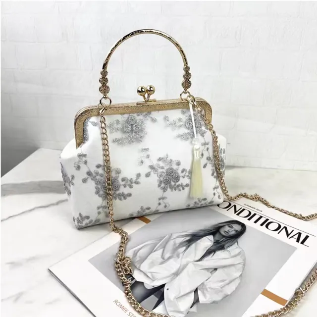 Embroidered Cheongsam One shoulder Messenger Handbag Retro Lei Antique Style Women Gray - Shop at LoveMi