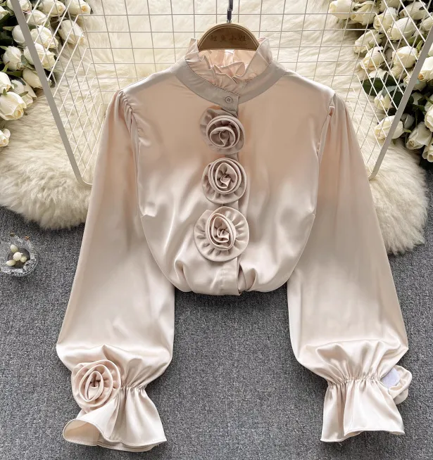 Flower Long Sleeve Casual Shirt Spring New Loose Slimming Apricot - Shop at LoveMi