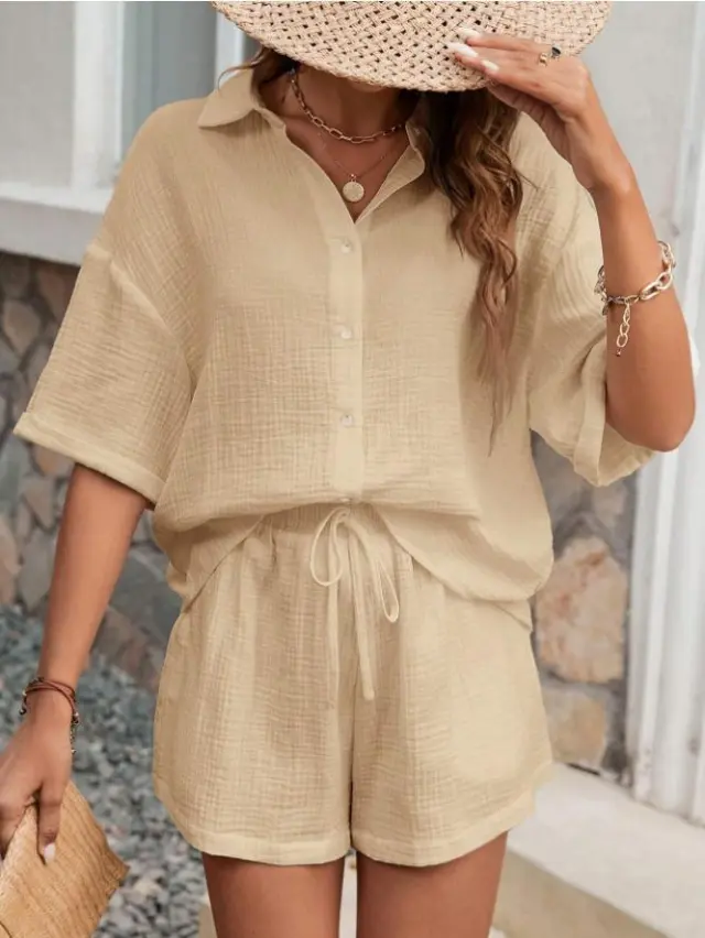 Women's Wear Sleeve Shirt Wide Leg Leisure Suit Yellow - Shop at LoveMi