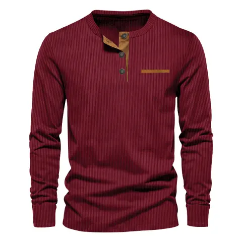 Men's Independent Stand Corduroy Casual Henley Slim Solid Color