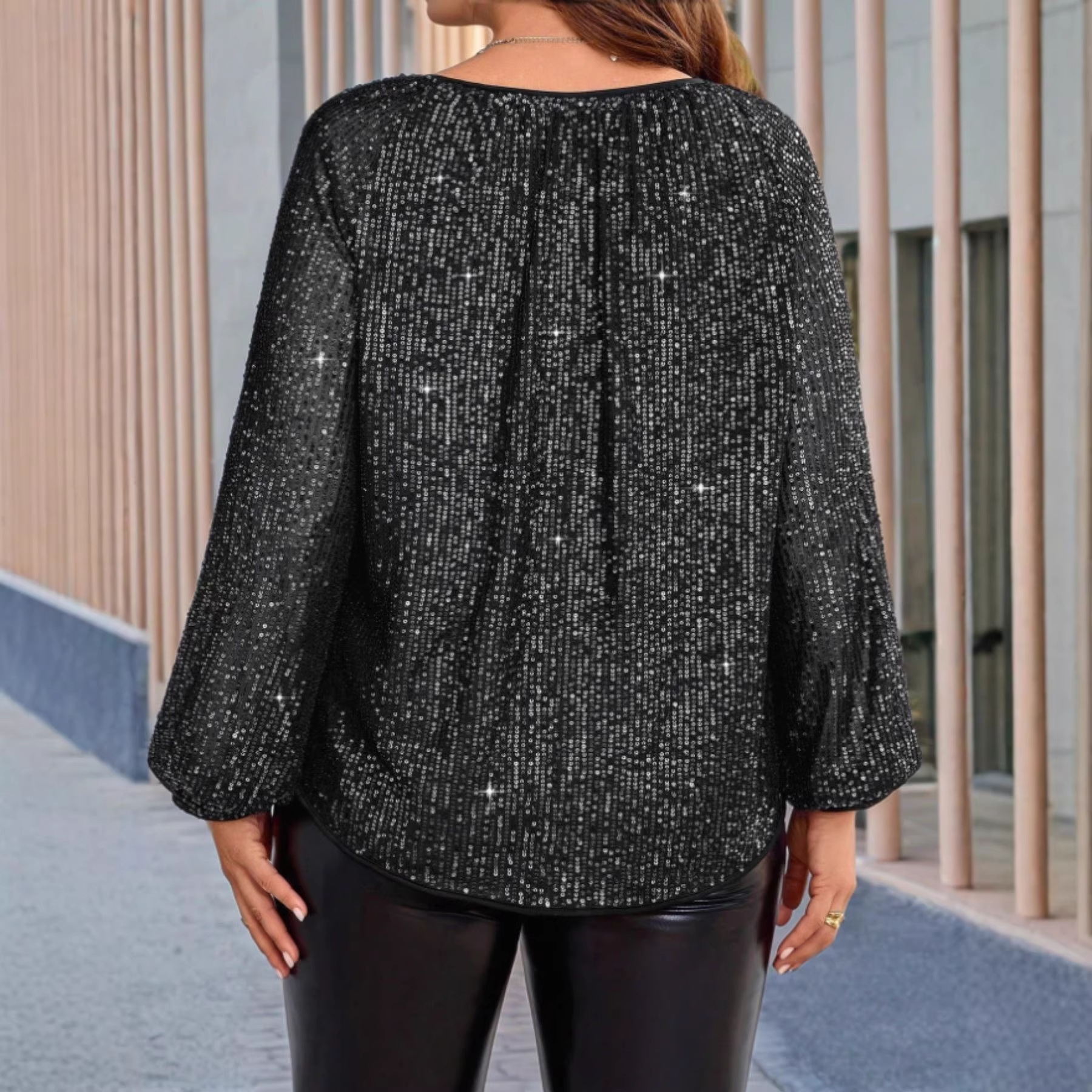Fashionable Round-neck Sequin Long-sleeve Solid-color Shirt
