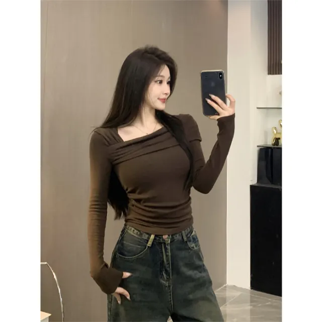 Pure De Long sleeved Bottoming Shirt Brown - Shop at LoveMi