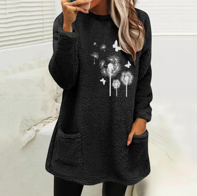 European And American Women's Round Neck Pullover Long Sleeve Pocket Embossed Double sided Velvet Sweatshirt Black - Shop at LoveMi
