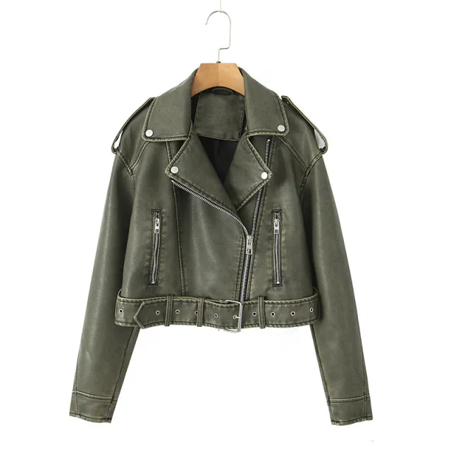 Retro Spring And Autumn Fashion New Versatile Leather Jacket Dark Green - Shop at LoveMi
