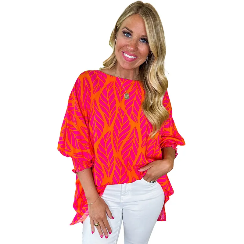 Women's All-match Floral Print Puff Sleeve Chiffon Shirt - Rose