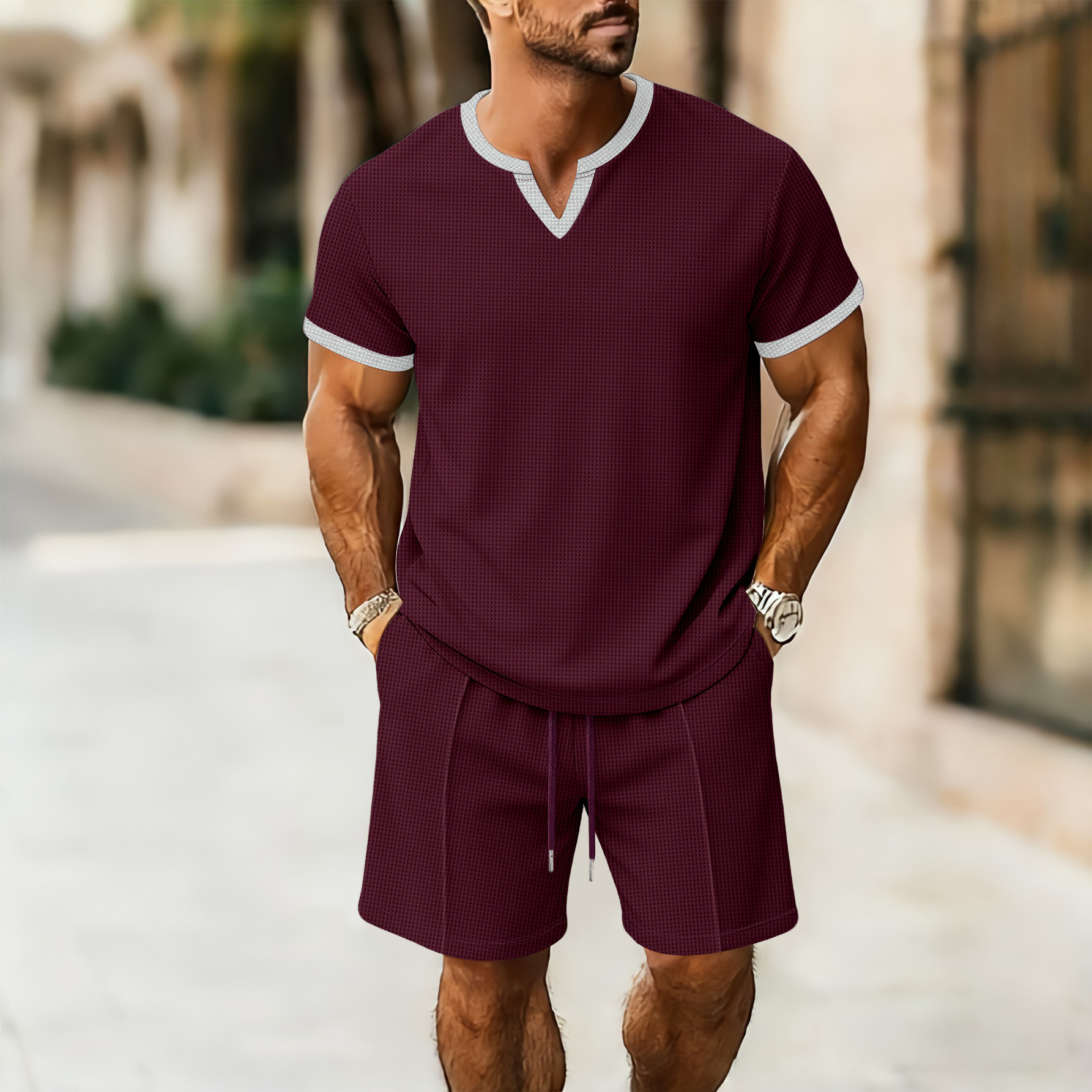 Mens Breathable Loose-fit V-neck Short-sleeve T-shirt And Shorts Set