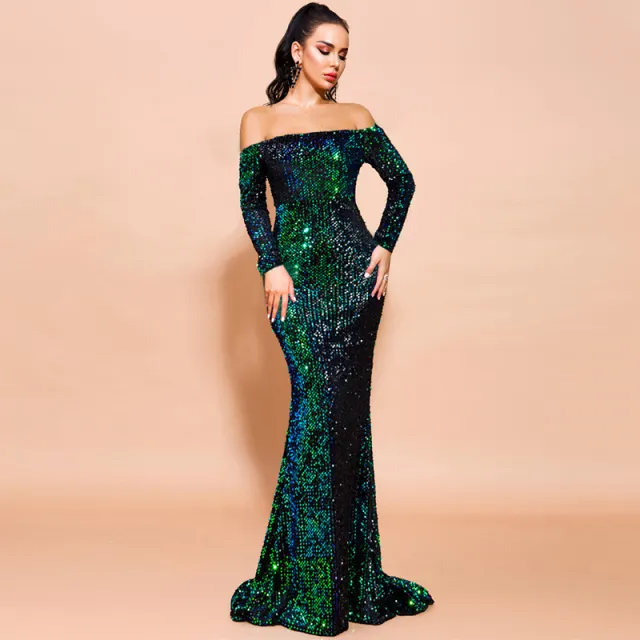Sexy Strapless Long Sleeve Sequins Party Evening Dress Green - Shop at LoveMi