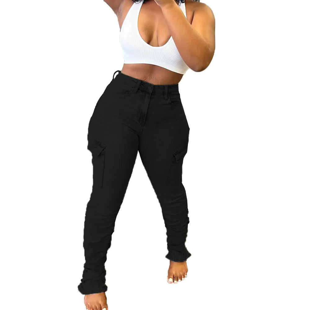 Stand Pleating Side Pocket Fashion Personality Low Waist High Elastic Jeans - Black