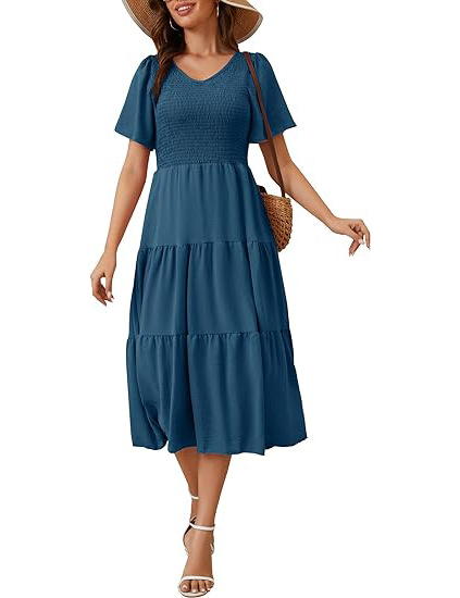 Spring Summer Short Sleeve V Neck Ruffled Dress Blue - Shop at LoveMi