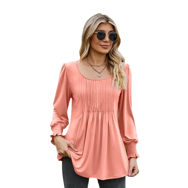 Solid Color Round Neck Drawstring Cuff Smocking Top Pink - Shop at LoveMi