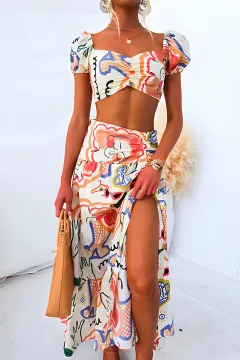 European And American Summer Printed Top Wrapped Chest Skirt Two-piece Suit - View 1